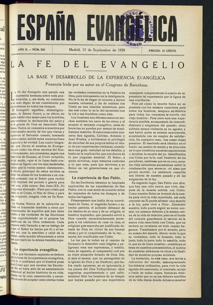 Miniatura de España Evangélica del 12 de septiembre de 1929, nº 502
