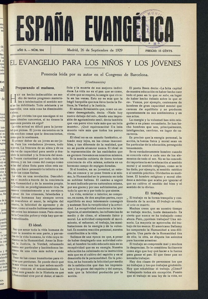 Miniatura de España Evangélica del 26 de septiembre de 1929, nº 504