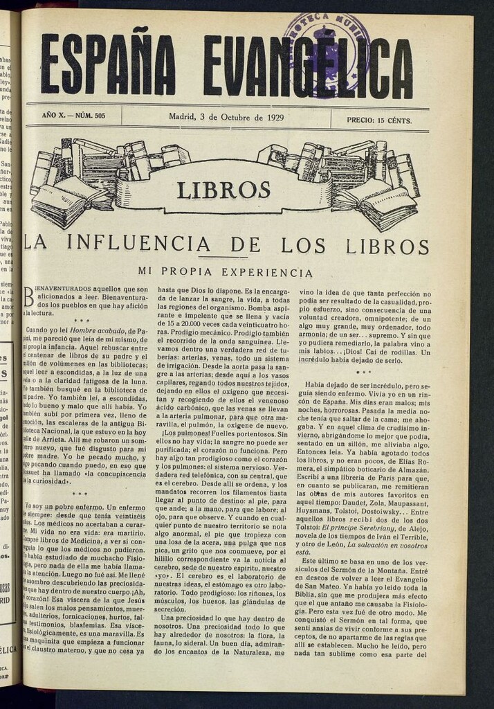 Miniatura de España Evangélica del 3 de octubre de 1929, nº 505