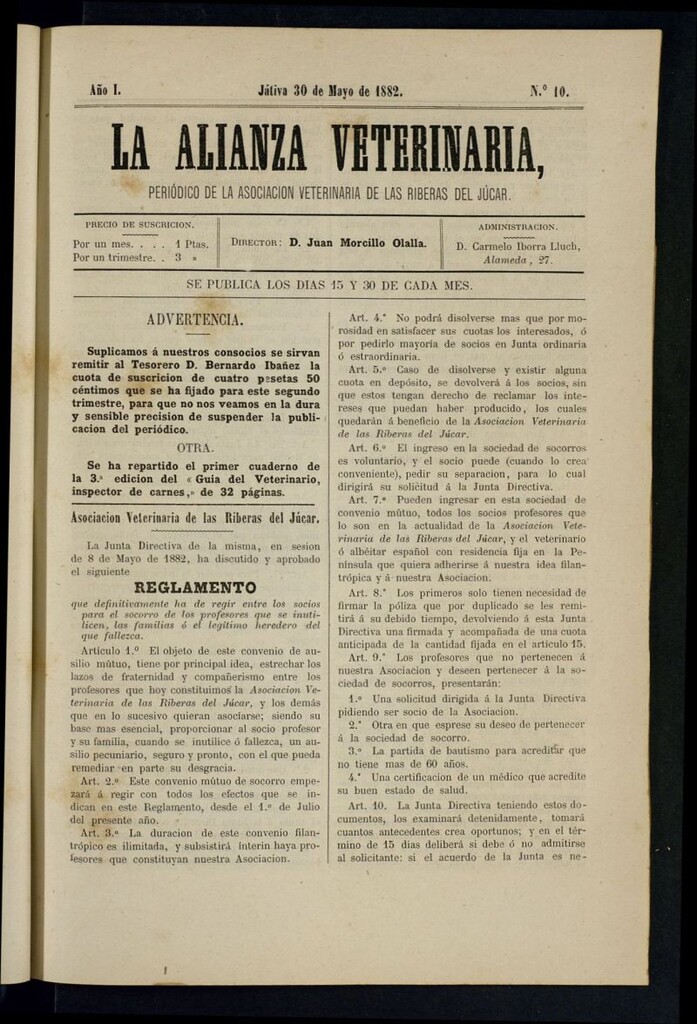 Miniatura de La alianza veterinaria, periódico de la Asociación veterinaria de las riberas del Júcar del 30 de mayo de 1882