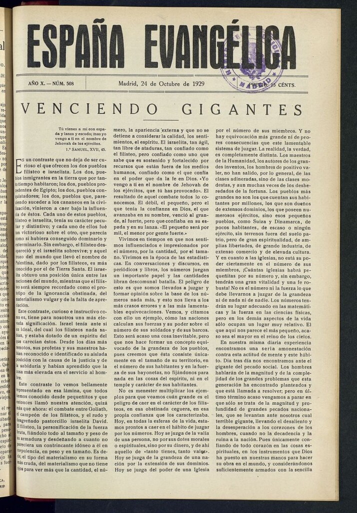 Miniatura de España Evangélica del 24 de octubre de 1929, nº 508