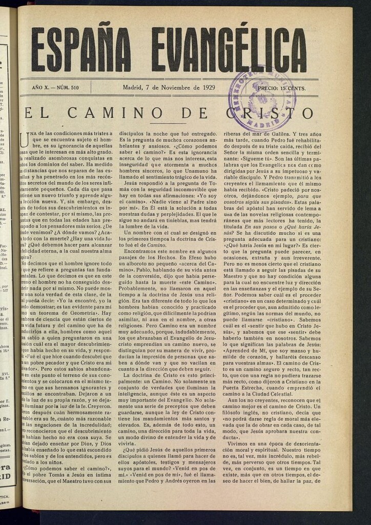 Miniatura de España Evangélica del 7 de noviembre de 1929, nº 510