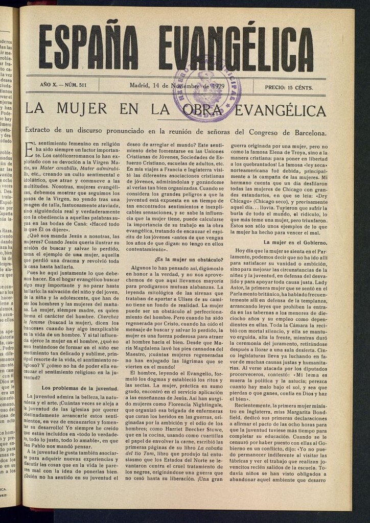 Miniatura de España Evangélica del 14 de noviembre de 1929, nº 511