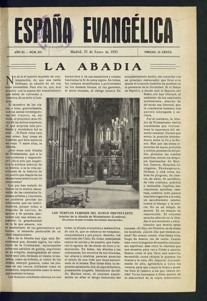 Miniatura de España Evangélica del 23 de enero de 1930, nº 521