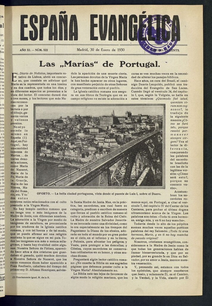 Miniatura de España Evangélica del 30 de enero de 1930, nº 522