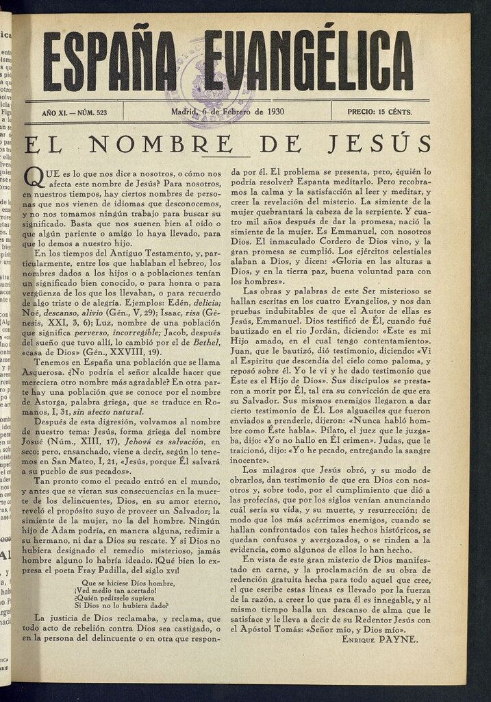 Miniatura de España Evangélica del 6 de febrero de 1930, nº 523