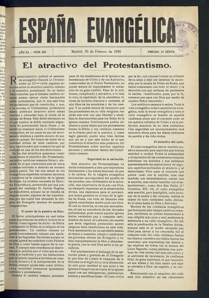 Miniatura de España Evangélica del 20 de febrero de 1930, nº 525