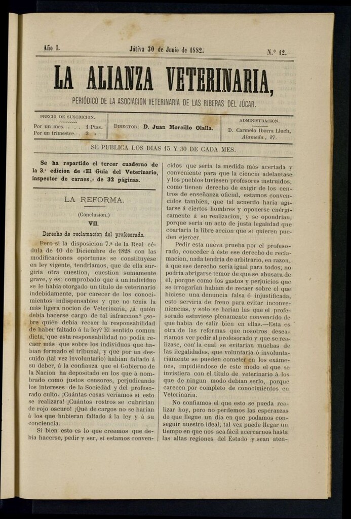 Miniatura de La alianza veterinaria, periódico de la Asociación veterinaria de las riberas del Júcar del 30 de junio de 1882
