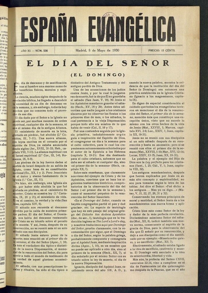 Miniatura de España Evangélica del 8 de mayo de 1930, nº 536