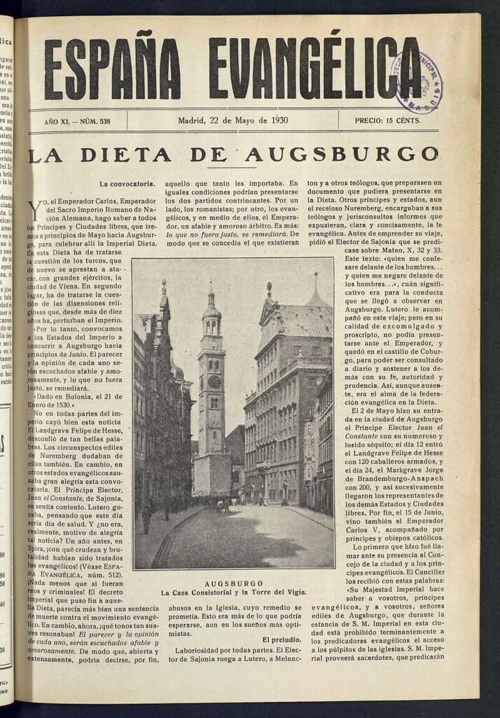 Miniatura de España Evangélica del 22 de mayo de 1930, nº 538