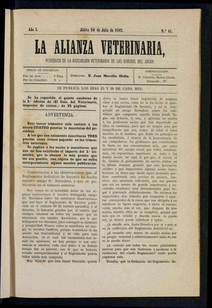 Miniatura de La alianza veterinaria, periódico de la Asociación veterinaria de las riberas del Júcar del 30 de julio de 1882