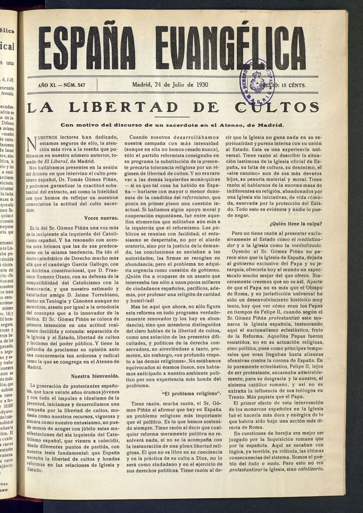 Miniatura de España Evangélica del 24 de julio de 1930, nº 547