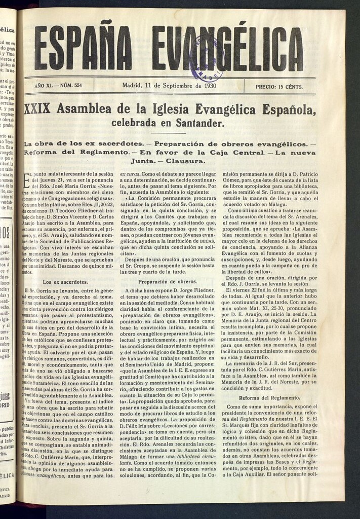 Miniatura de España Evangélica del 11 de septiembre de 1930, nº 554