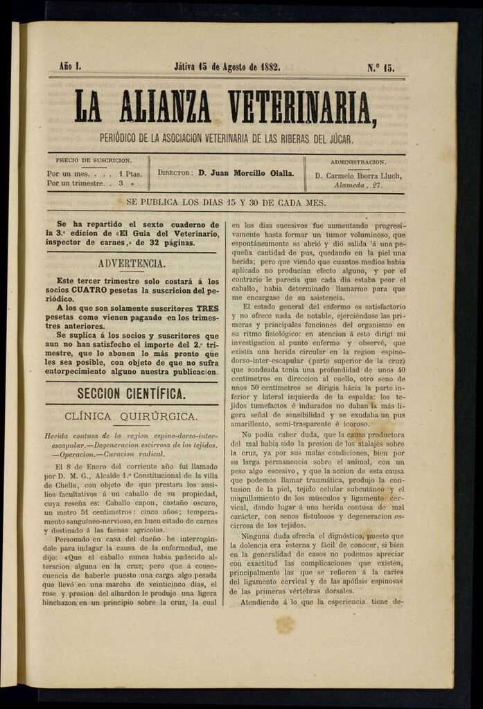 Miniatura de La alianza veterinaria, periódico de la Asociación veterinaria de las riberas del Júcar del 15 de agosto de 1882