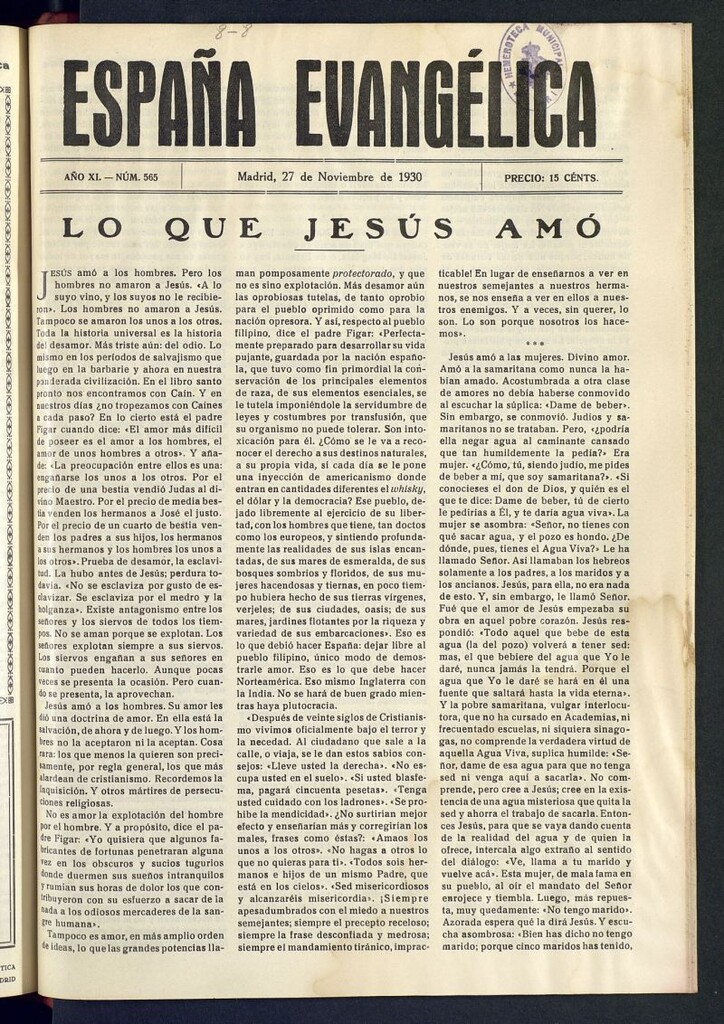Miniatura de España Evangélica del 27 de noviembre de 1930, nº 565