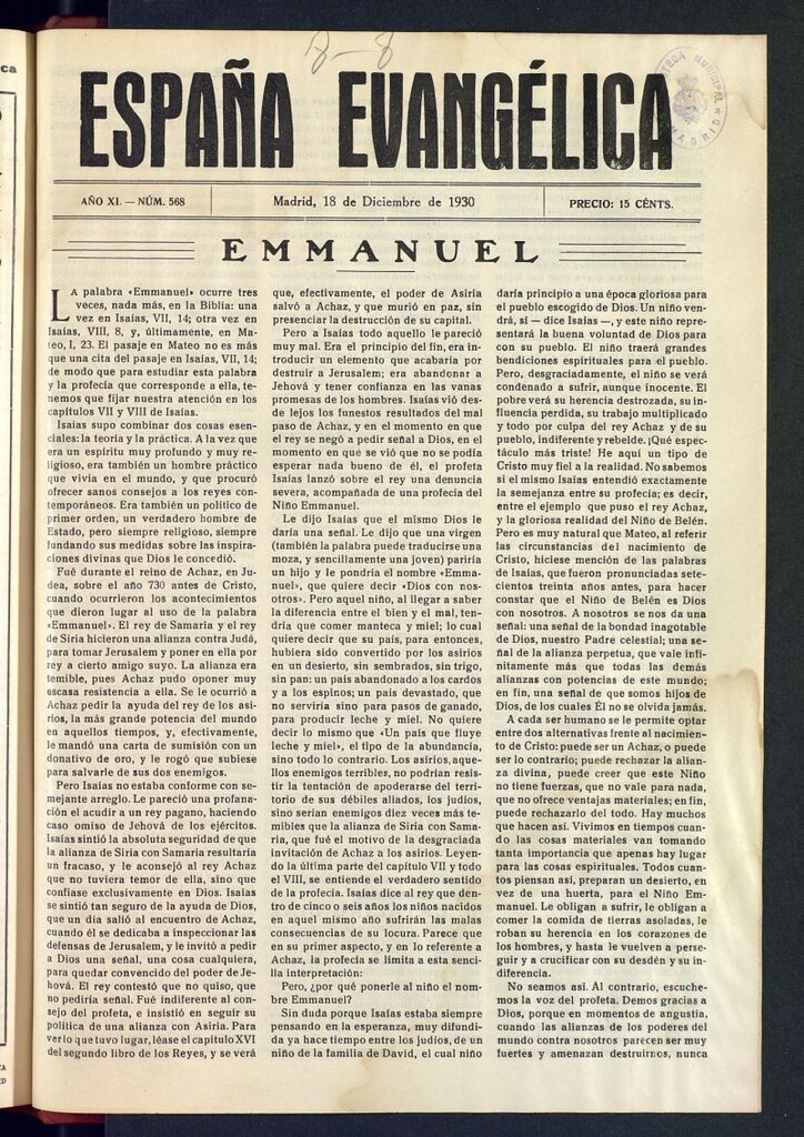 Miniatura de España Evangélica del 18 de diciembre de 1930, nº 568
