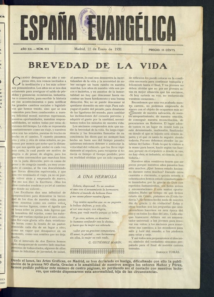 Miniatura de España Evangélica del 22 de enero de 1931, nº 573