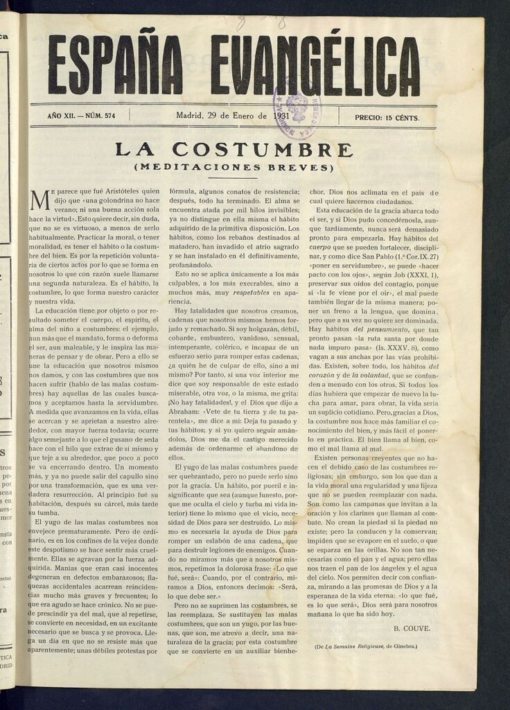 Miniatura de España Evangélica del 29 de enero de 1931, nº 574