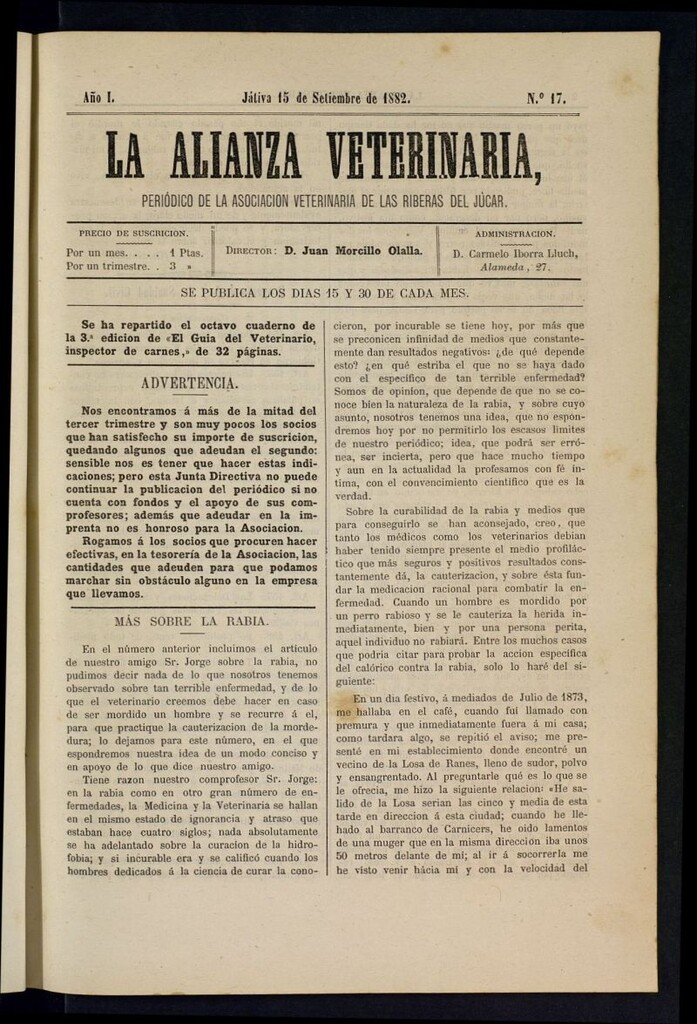 Miniatura de La alianza veterinaria, periódico de la Asociación veterinaria de las riberas del Júcar del 15 de septiembre de 1882