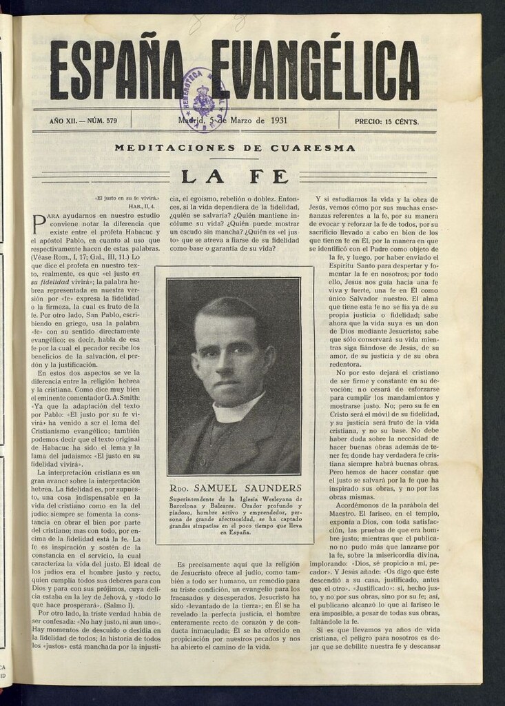Miniatura de España Evangélica del 5 de marzo de 1931, nº 579