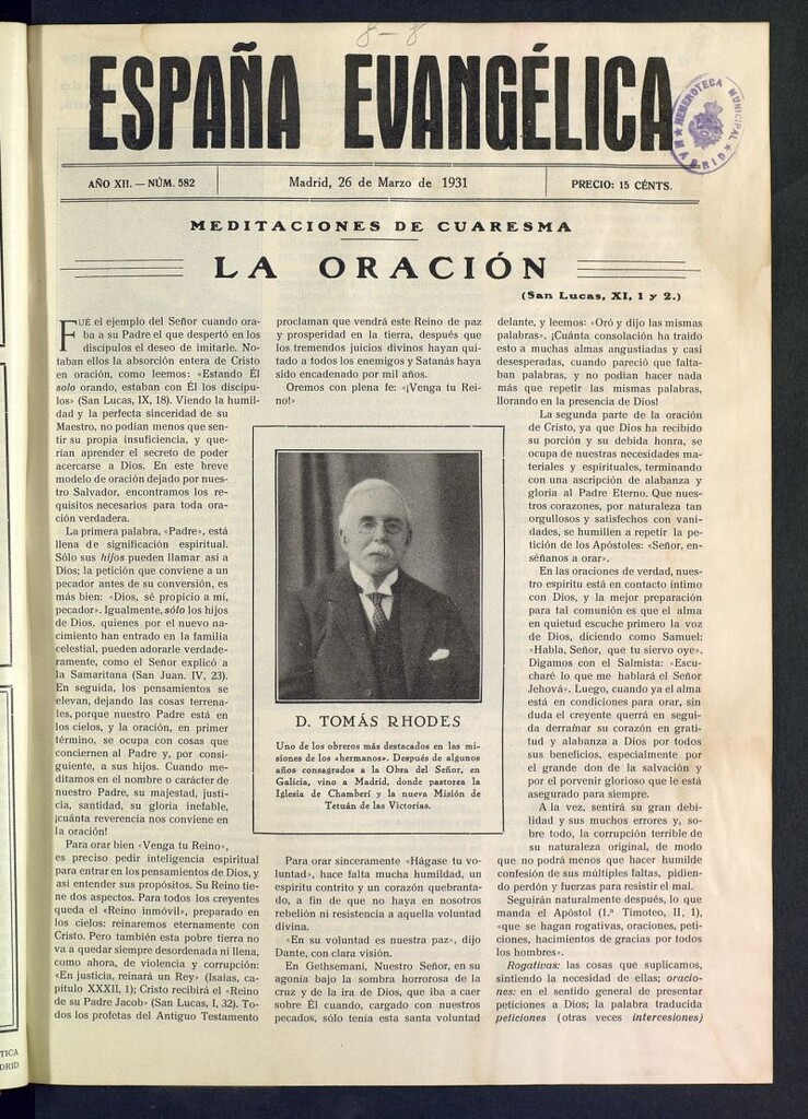 Miniatura de España Evangélica del 26 de marzo de 1931, nº 582
