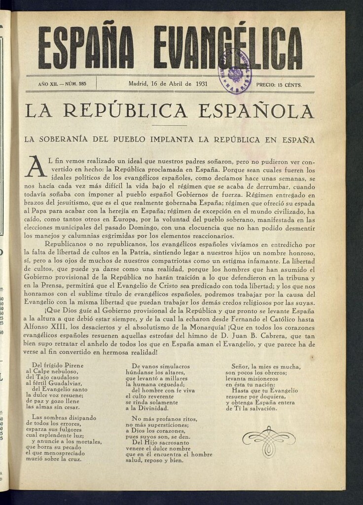 Miniatura de España Evangélica del 16 de abril de 1931, nº 585