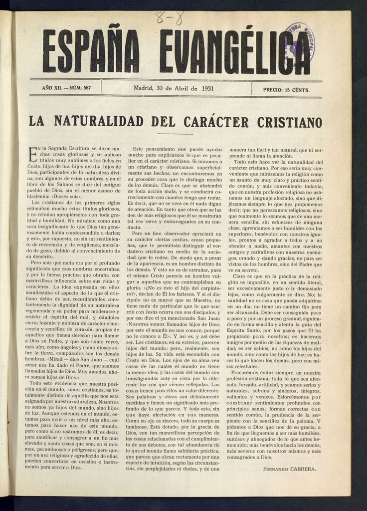 Miniatura de España Evangélica del 30 de abril de 1931, nº 587