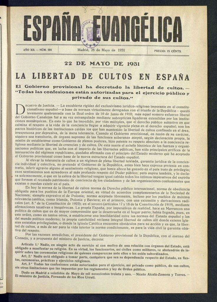 Miniatura de España Evangélica del 28 de mayo de 1931, nº 591