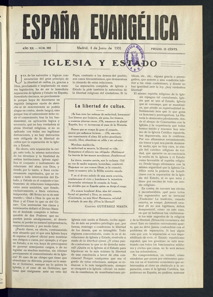 Miniatura de España Evangélica del 4 de junio de 1931, nº 592