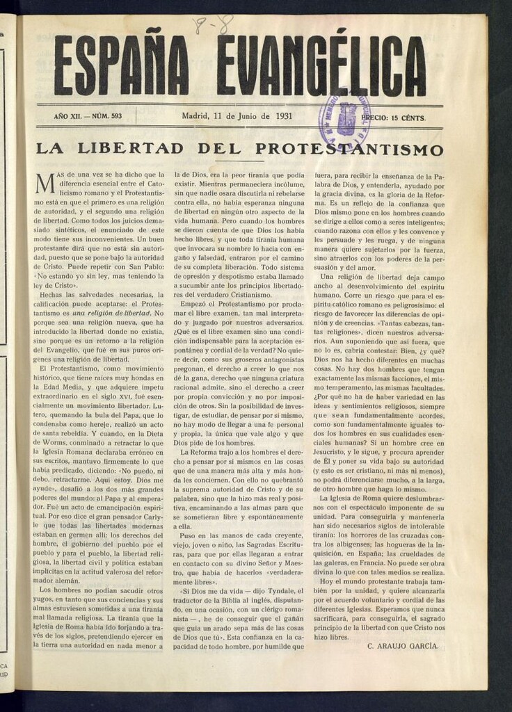 Miniatura de España Evangélica del 11 de junio de 1931, nº 593