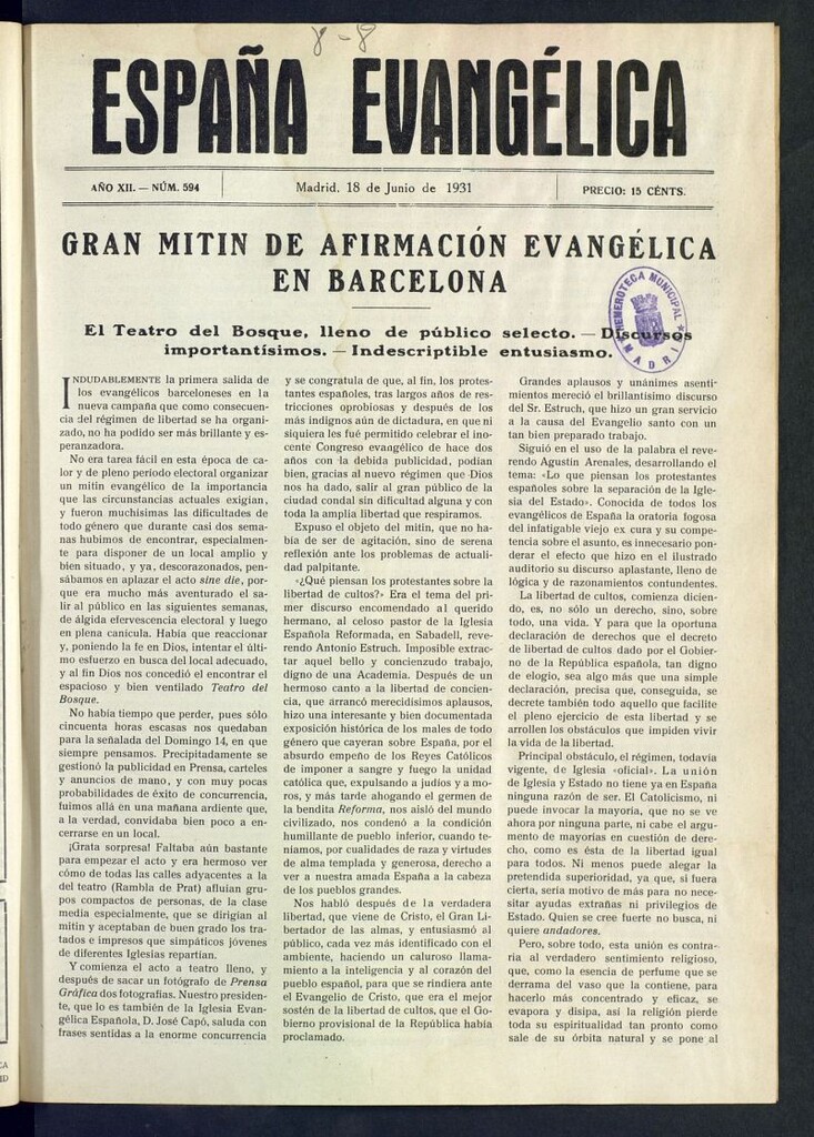 Miniatura de España Evangélica del 18 de junio de 1931, nº 594