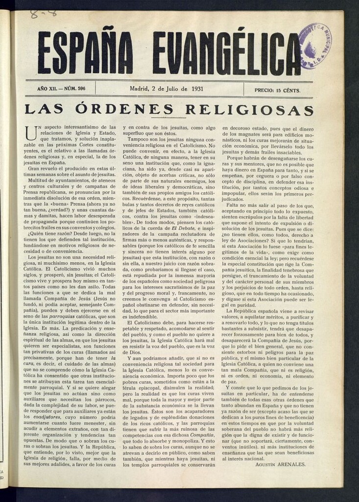 Miniatura de España Evangélica del 2 de julio de 1931, nº 596