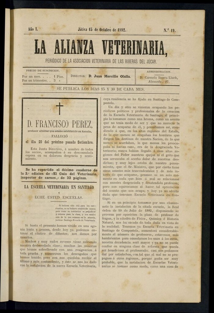 Miniatura de La alianza veterinaria, periódico de la Asociación veterinaria de las riberas del Júcar del 15 de octubre de 1882