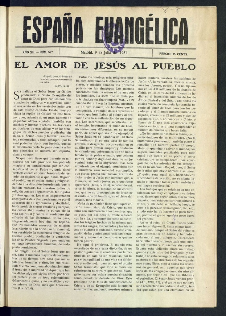 Miniatura de España Evangélica del 9 de julio de 1931, nº 597