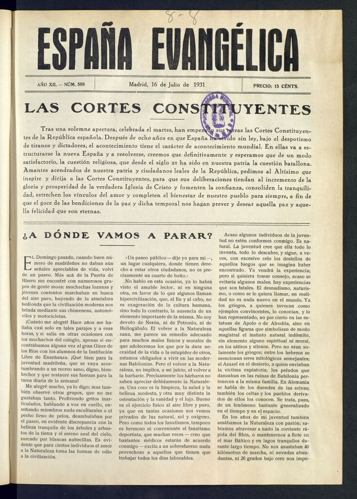 Miniatura de España Evangélica del 16 de julio de 1931, nº 598