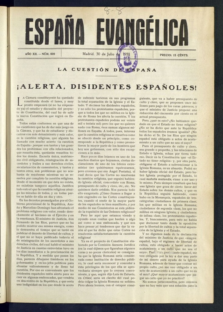 Miniatura de España Evangélica del 30 de julio de 1931, nº 600