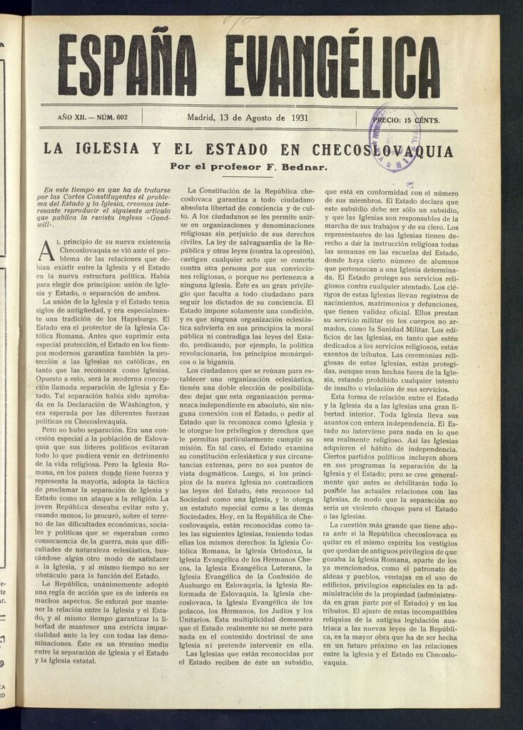 Miniatura de España Evangélica del 13 de agosto de 1931, nº 602