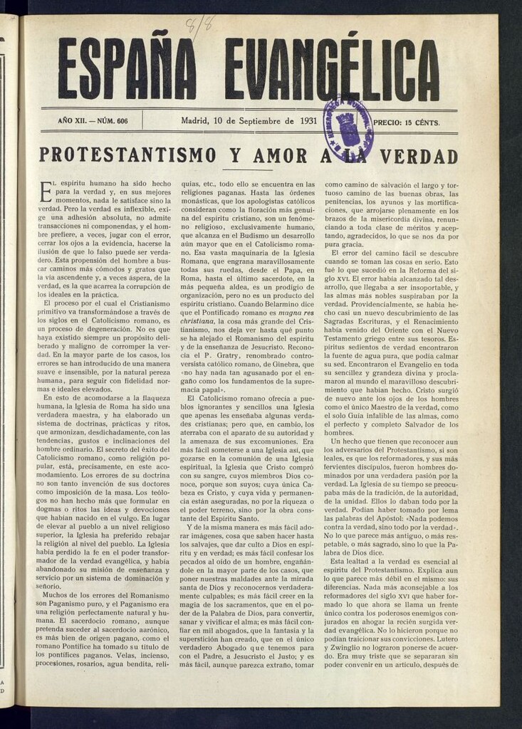 Miniatura de España Evangélica del 10 de septiembre de 1931, nº 606