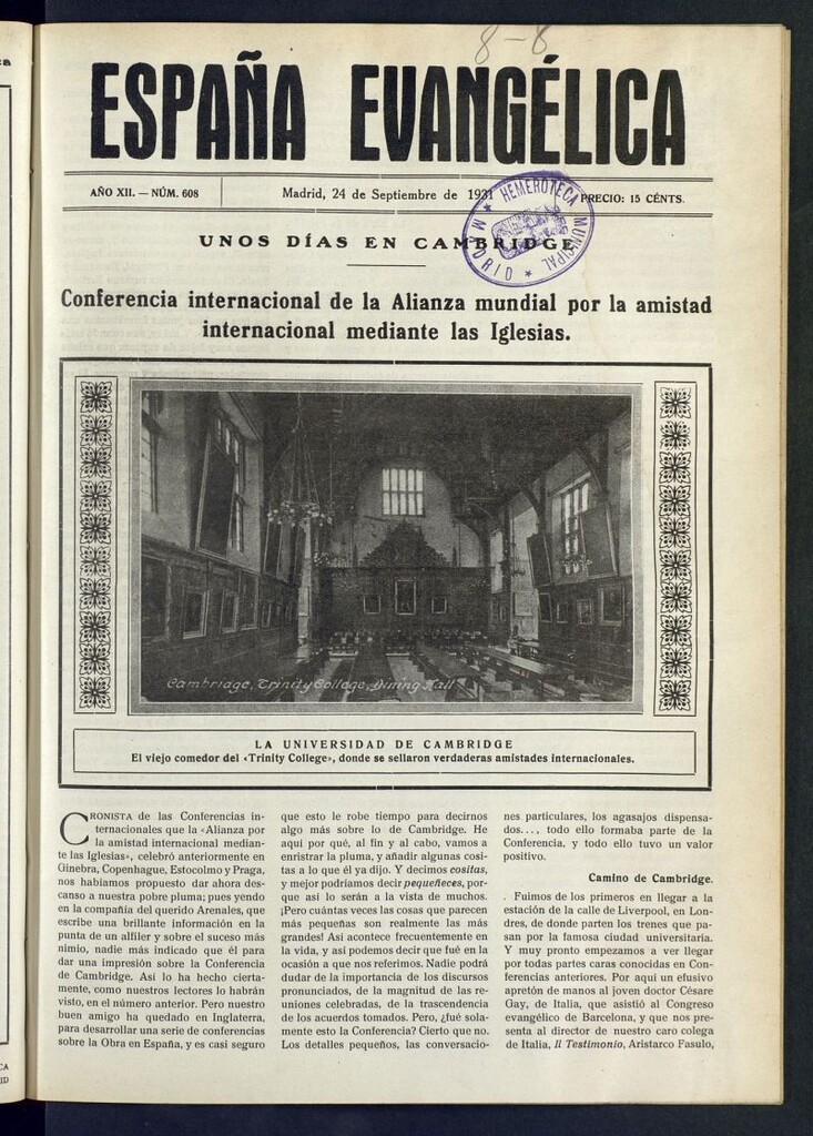 Miniatura de España Evangélica del 24 de septiembre de 1931, nº 608