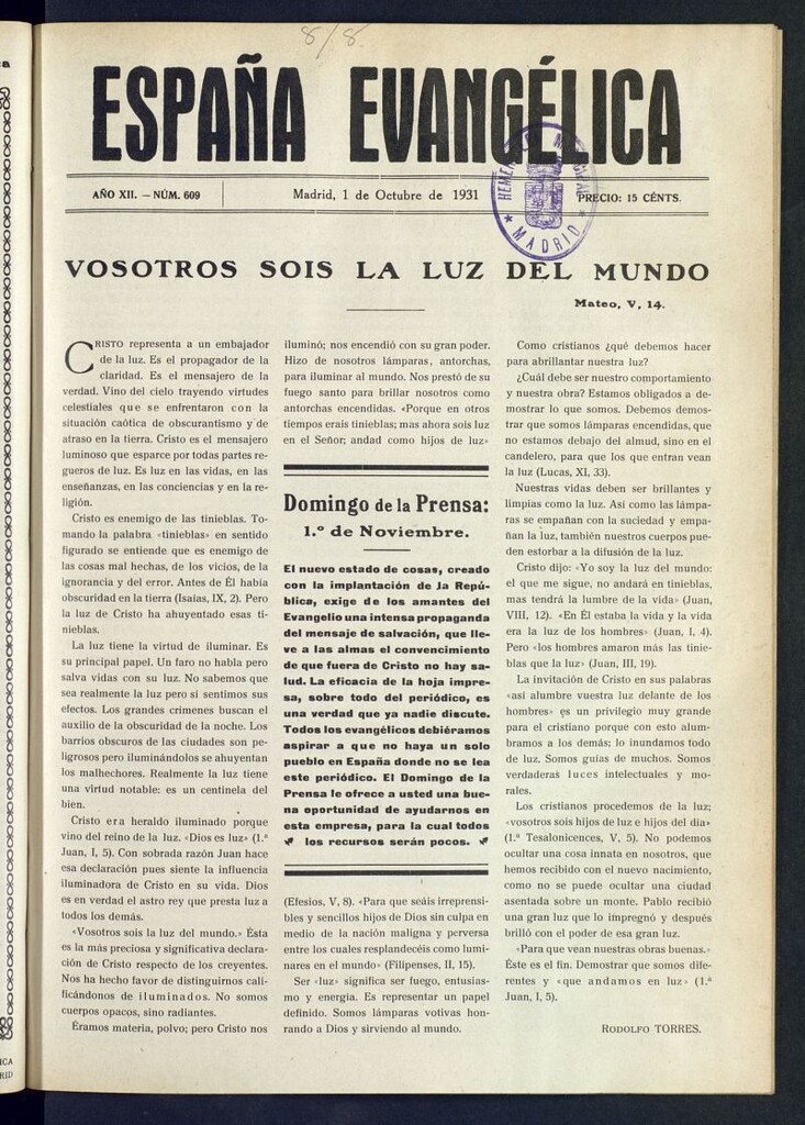 Miniatura de España Evangélica del 1 de octubre de 1931, nº 609