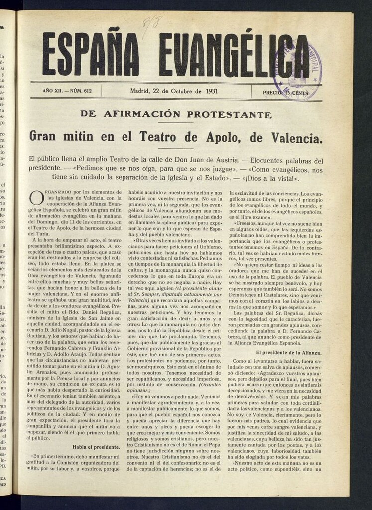 Miniatura de España Evangélica del 22 de octubre de 1931, nº 612