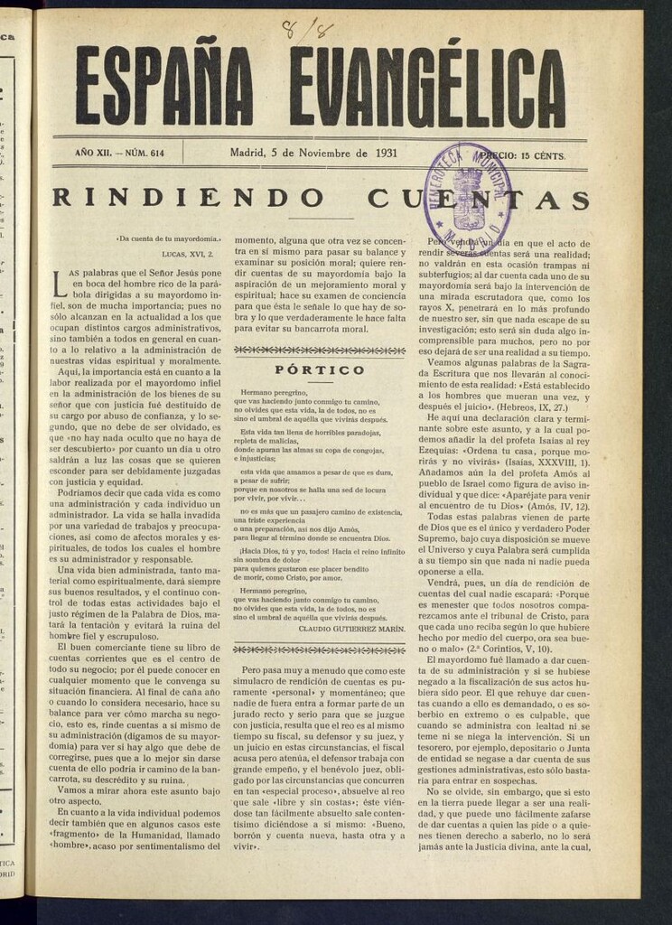 Miniatura de España Evangélica del 5 de noviembre de 1931, nº 614