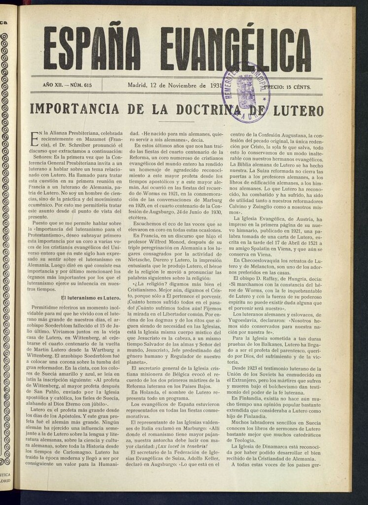 Miniatura de España Evangélica del 12 de noviembre de 1931, nº 615