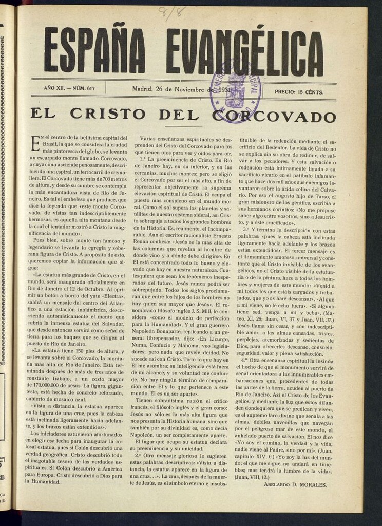 Miniatura de España Evangélica del 26 de noviembre de 1931, nº 617