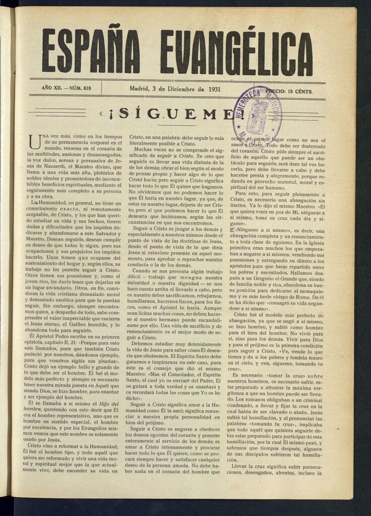 Miniatura de España Evangélica del 3 de diciembre de 1931, nº 618