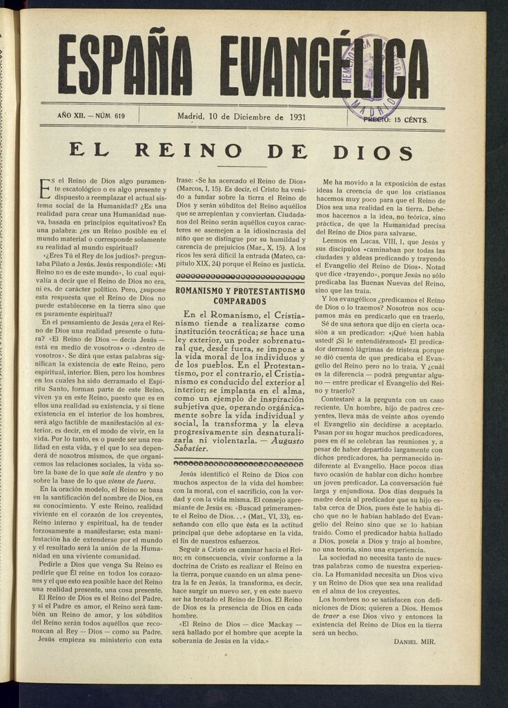 Miniatura de España Evangélica del 10 de diciembre de 1931, nº 619