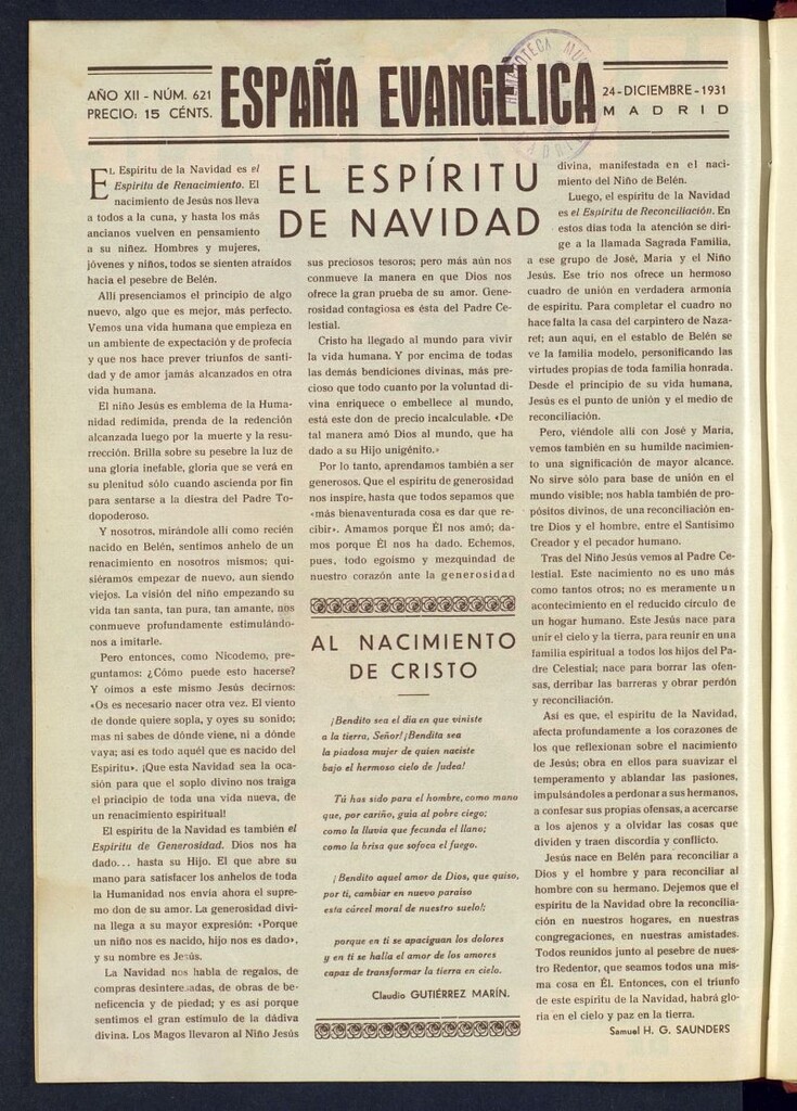 Miniatura de España Evangélica del 24 de diciembre de 1931, nº 621