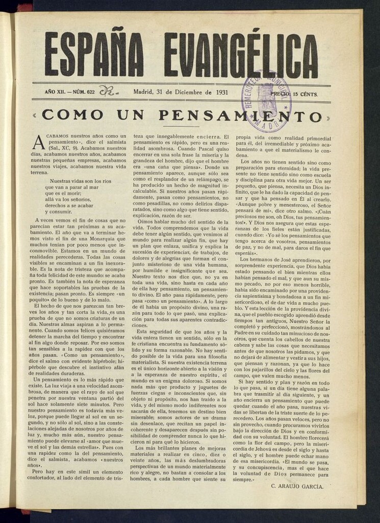 Miniatura de España Evangélica del 31 de diciembre de 1931, nº 622