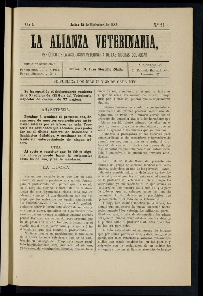 Miniatura de La alianza veterinaria, periódico de la Asociación veterinaria de las riberas del Júcar del 15 de diciembre de 1882