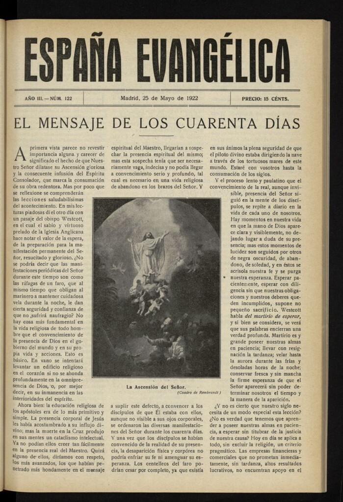 Miniatura de España Evangélica del 25 de mayo de 1922, nº 122